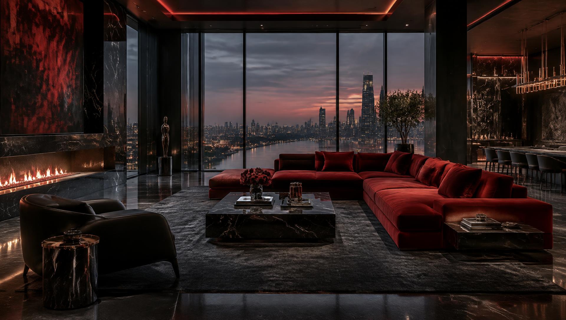 Illustrative 3D render — Interior · Penthouse living