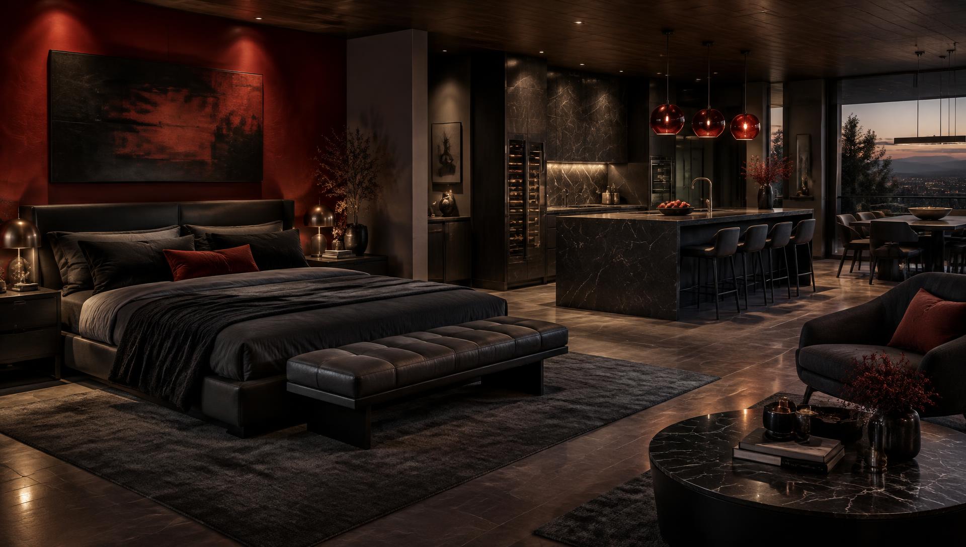 Illustrative 3D render — Interior · Master suite & kitchen